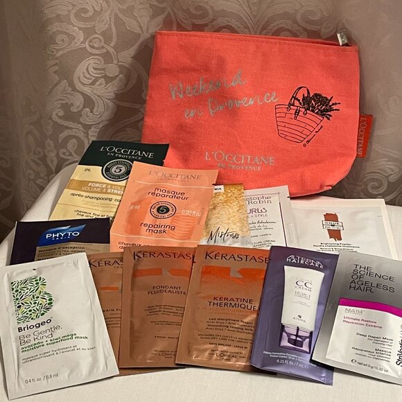 Lot of 12 New Hair Care Samples and L'Occitane Make Up Travel Bag - Picture 1 of 7